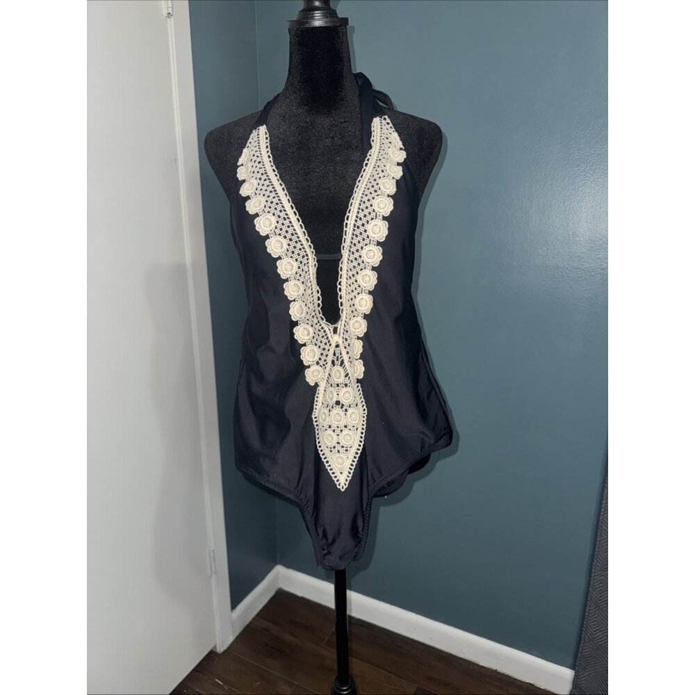 NWT Mossimo Swimsuit Black Crochet Lace One Piece Open Strap Back Coastal Boho